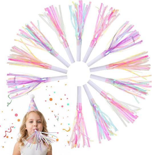 12 Pcs Party Blowers, Glitter Metallic Fringed Party Horns 7In Partys Noise Makers for Birthday Graduation New Years Favors Supplies