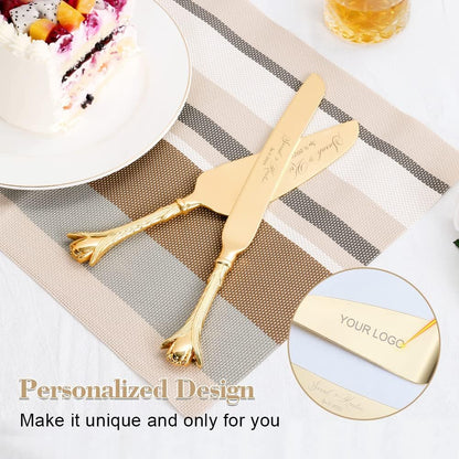 Cake Cutting Set for Wedding, Personalized Gold Cake Knife and Server Set, Custom Cake Serving Set, Engraved Pastry Pie Server Cake Pizza Cutter, Birthday Bridal Gift (F-Classic)