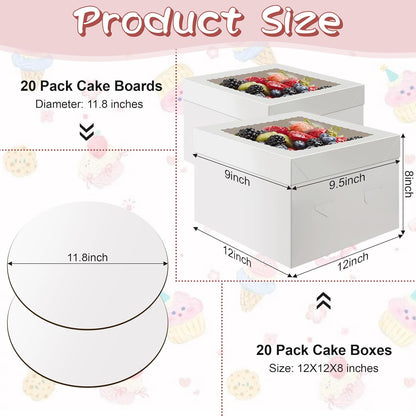 Unokit Packpal 20-Pack Cake Boxes 12 Inch - Cake Containers with Cake Boards, Disposable Cake Carrier with Window, Easy Assemble Cake Packaging Boxes for Birthday, Wedding Party & Bakery