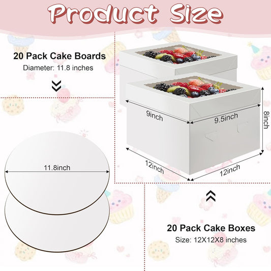 Unokit Packpal 20-Pack Cake Boxes 12 Inch - Cake Containers with Cake Boards, Disposable Cake Carrier with Window, Easy Assemble Cake Packaging Boxes for Birthday, Wedding Party & Bakery