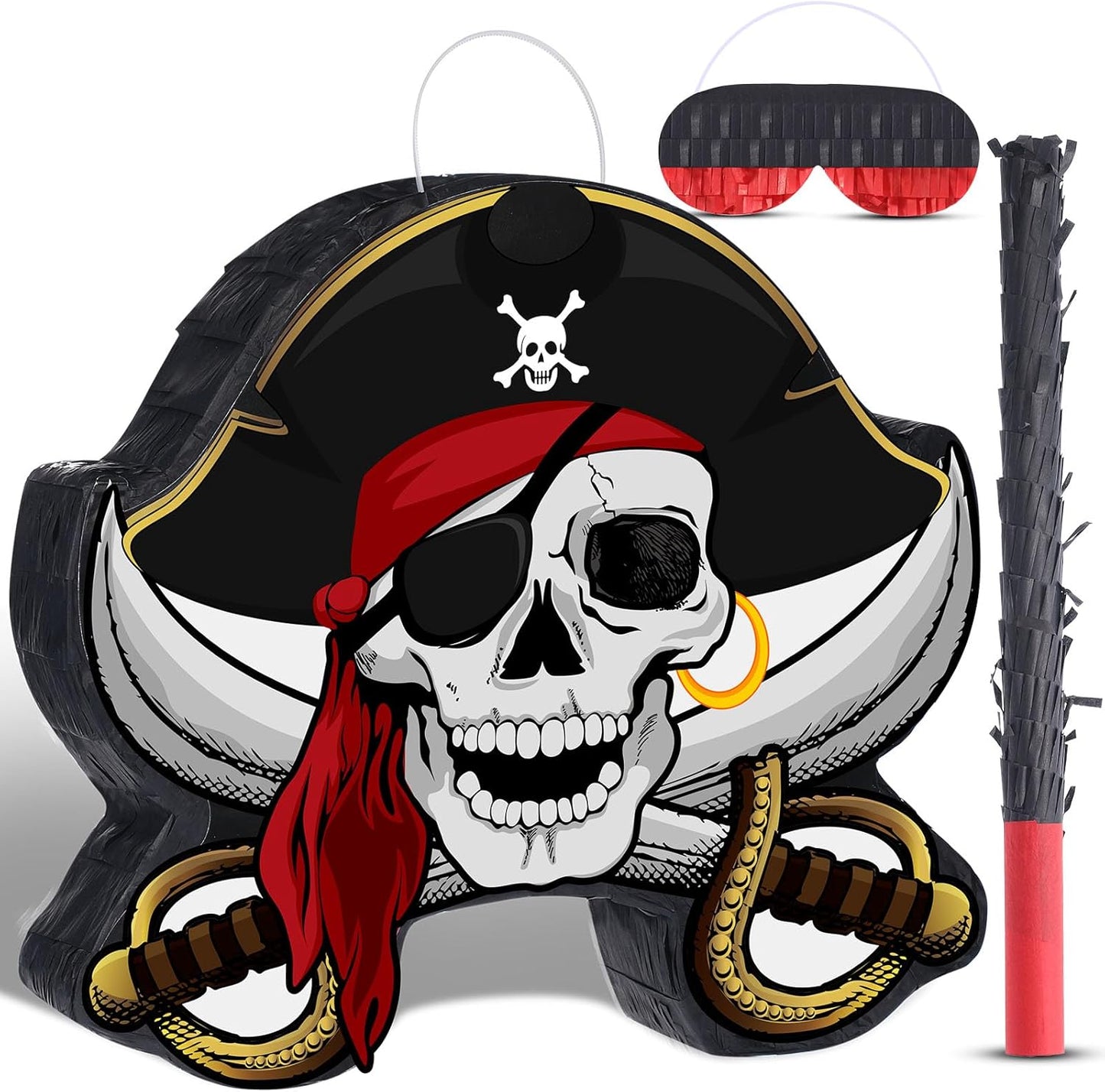 Pirate Piñata Bundle Pirate Party Game Set Include Captain Piñata Bat Stick Blindfold Mask for Birthday Party Nautical Adventure Game Decor Supplies Decor, 13.4 x 14.3 x 3.2''