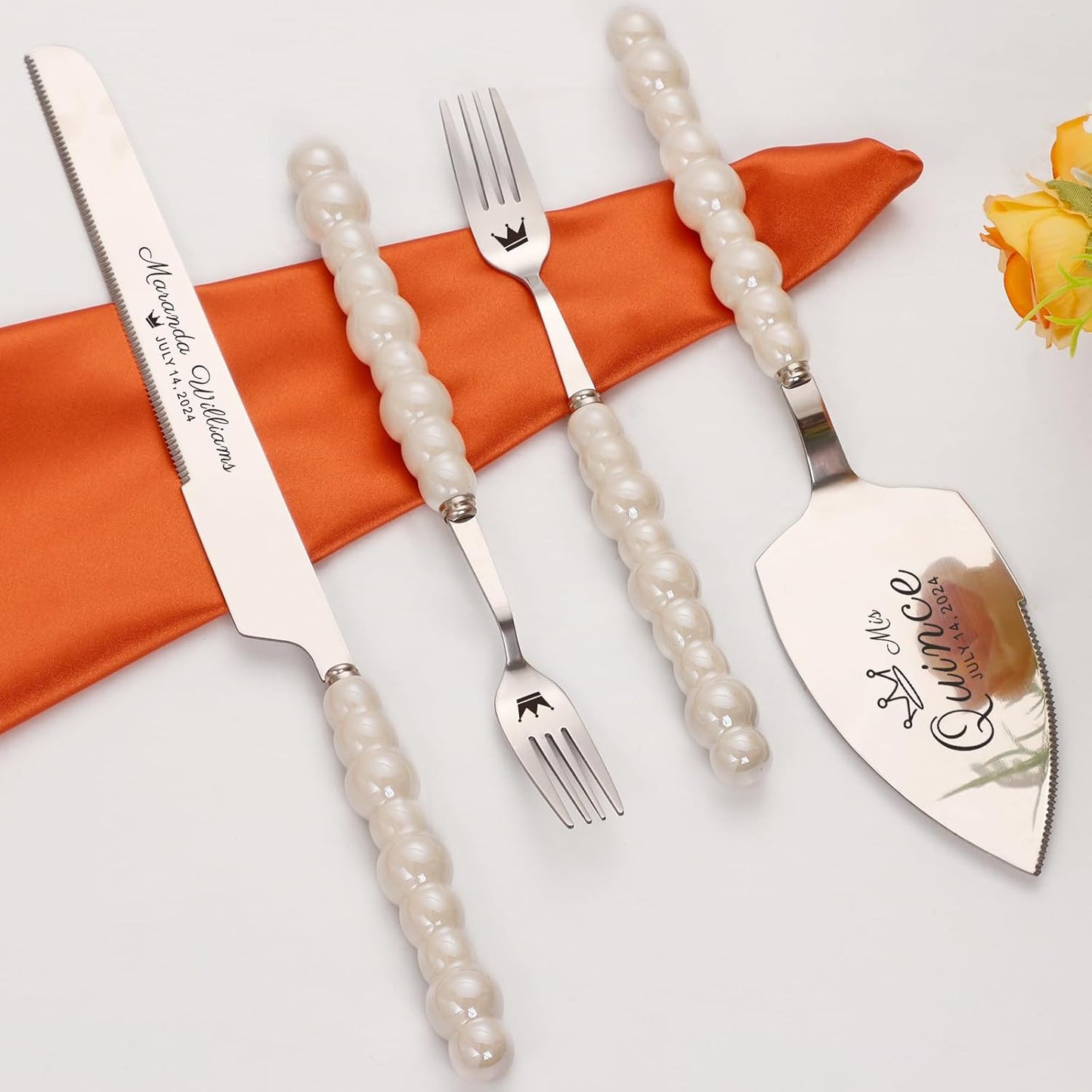 Pearl Wedding Cake Knife and Server Set with Forks, Cake Cutting Set with Stainless Steel Serrated Edges, Silver Pie Cutter Pizza Spatula, Gift for Bridal Couples Engagement (Mr & Mrs)