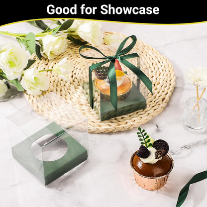 EUSOAR Individual Cupcake Holder, 50pcs 3.5 Inch Plastic Black Cupcake Containers with Lids, Single Transparent Display Clear Cupcake Carrier with Ribbon and Inserts for Wedding Party Favor