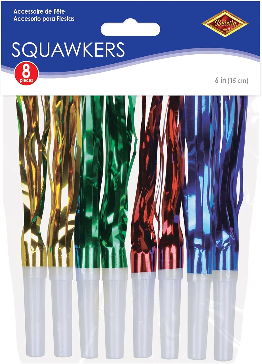 Beistle Assorted Party Squawkers – 8 Pack, Fringed Noisemaker Horns in Gold, Green, Red & Blue for New Year’s Eve Celebrations, Birthday Parties, Graduations, and Events, 6”