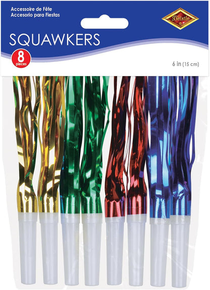 Beistle Assorted Party Squawkers – 8 Pack, Fringed Noisemaker Horns in Gold, Green, Red & Blue for New Year’s Eve Celebrations, Birthday Parties, Graduations, and Events, 6”