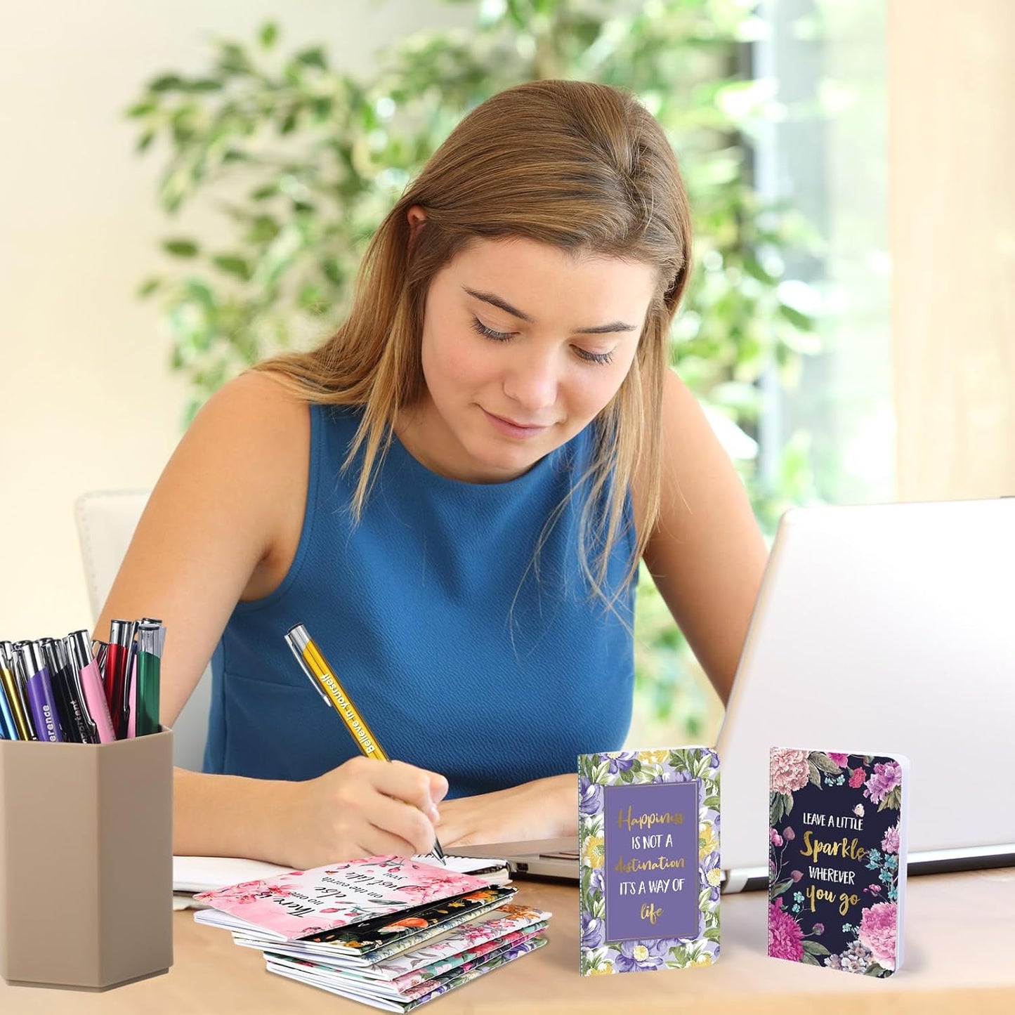 Funrous 32 Pcs Motivational Quote Pens Inspirational Notepads Mini Journal with Ballpoint Pen Small Notebooks Gift for Men Women Coworker Adult Party Favors Prize Teacher Student Office(Stylish)