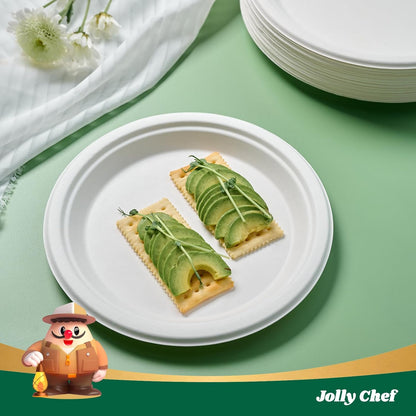 JOLLY CHEF Compostable Heavy Duty Plates 𝟭𝟬 𝗜𝗻𝗰𝗵 [𝟯𝟬𝟬 𝗣𝗮𝗰𝗸] Eco-Friendly Disposable Paper Plates Made of Bagasse Biodegradable Bulk for Party Dinner Sugarcane Thanksgiving Day (Natural)