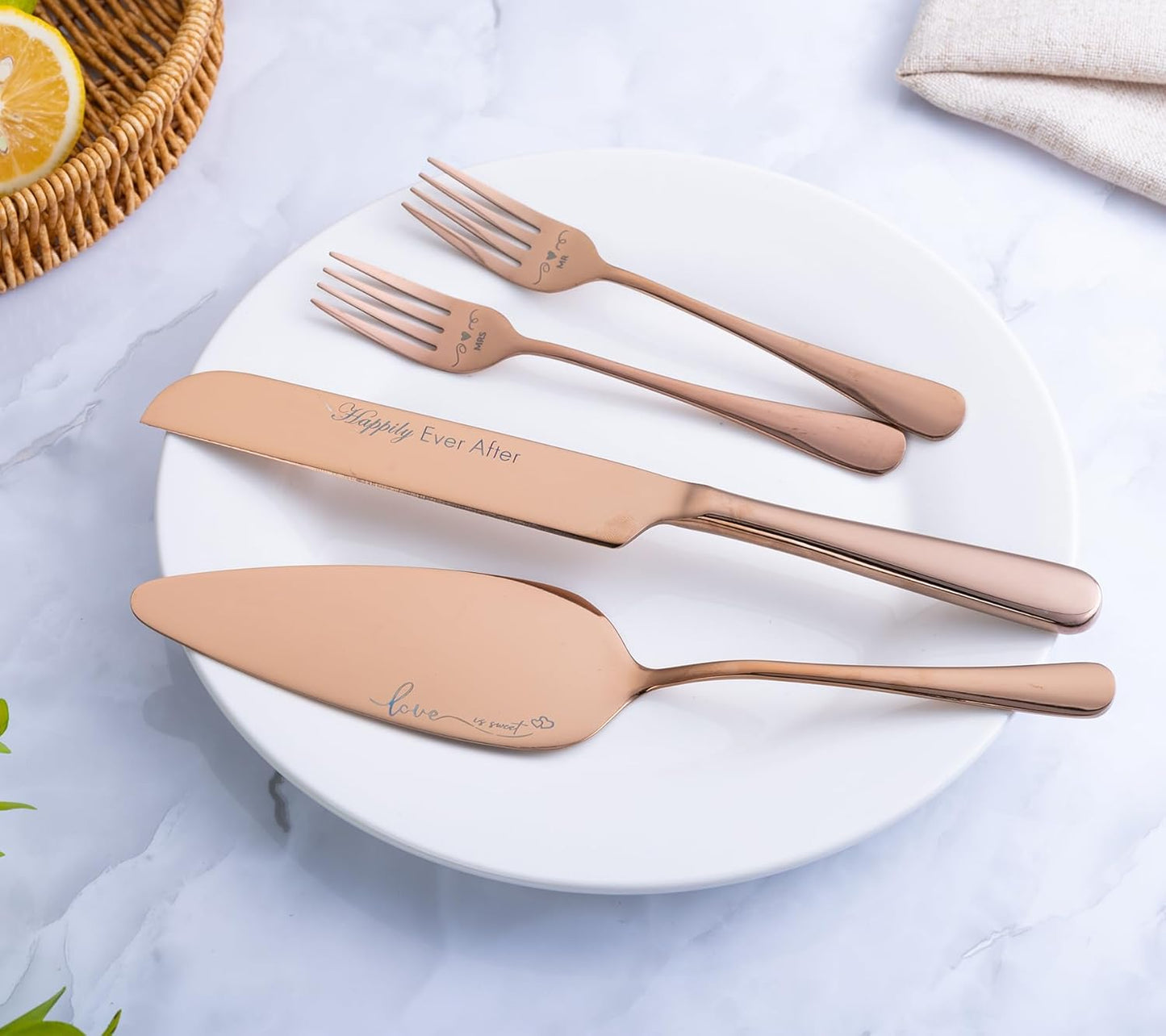 Wedding Cake Knife and Server Set with Forks, Engraved Cake Cutting Set for Wedding Anniversary Christmas Engagement（Gold