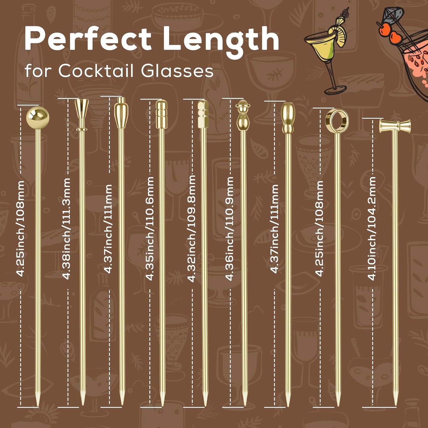 Metal Martini Cocktail Picks 9 Pcs, 4.1 in Olive Skewers Stainless Steel, Martini Garnish Sticks Reusable, Metal Toothpicks for Drinks, Appetizers, Bar Accessories Gift for Bartenders - Sliver