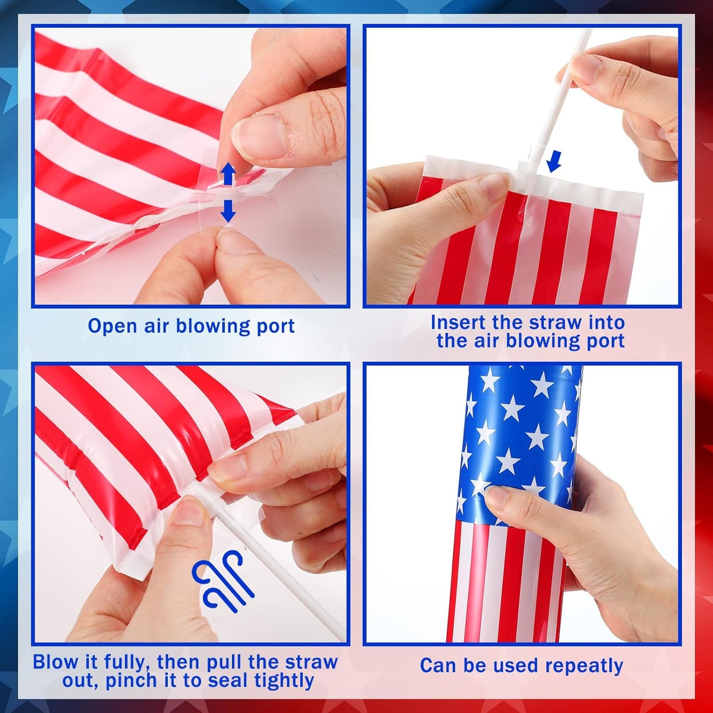 Foilswirl 100 Pcs Inflatable Cheer Sticks USA Flag Thunder Boom Sticks Patriotic Cheerleading Spirit Noise Makers for Soccer Games Sports Events 4th of July Parades Carnival Party Supplies