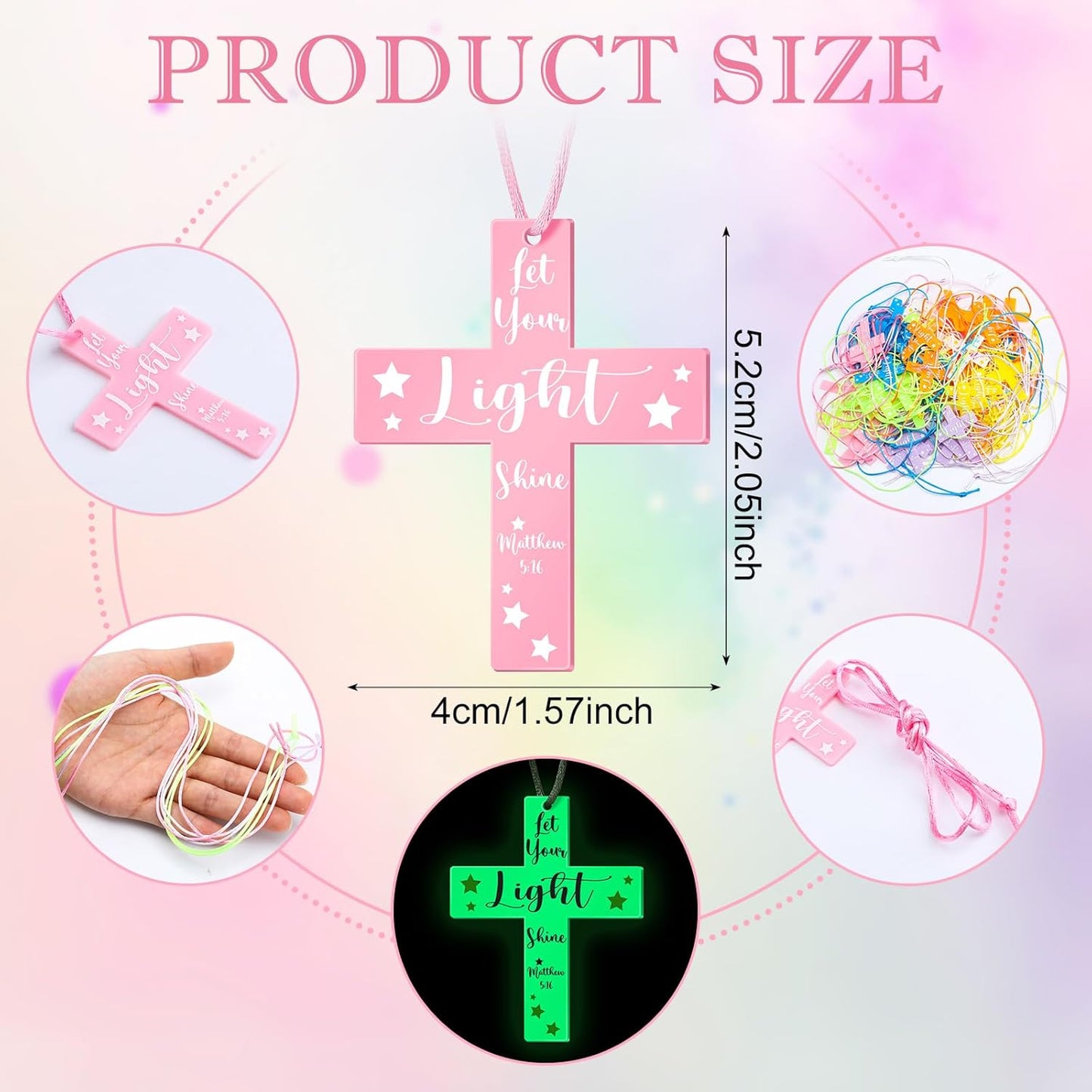 Seenelling 49 Pcs Glow in the Dark Silicone Cross Necklaces Bulk Let Your Light Shine Cross Necklace Bible Verse Religious Christian Gift for Christian VBS Birthday Church Party Favor