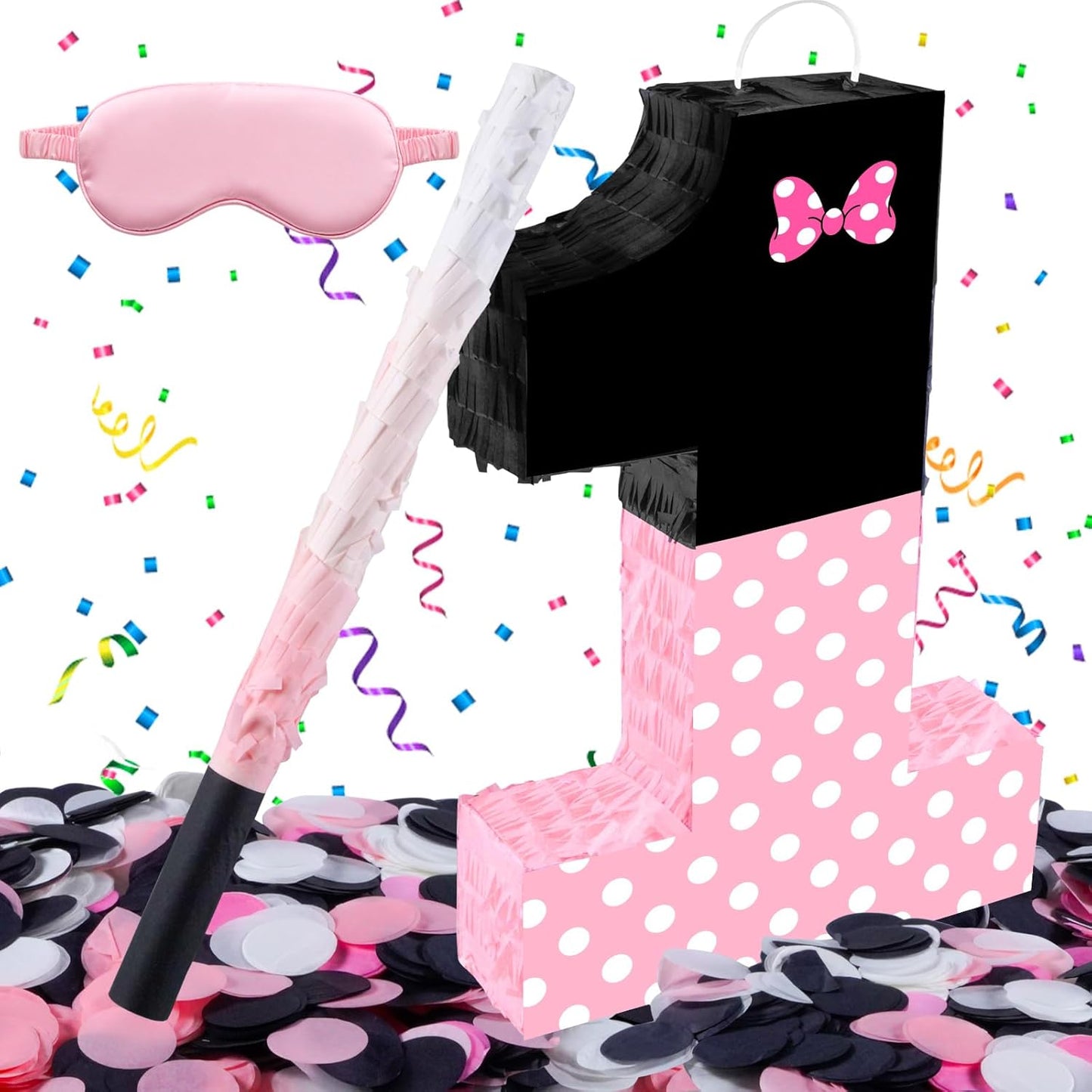 15.7 x 11.5 x 3 Inch Pink Bow Number 2 Pinata,Pink Bow Birthday Decorations, Fillable Hanging Piñata with Stick Blindfold Confetti for Girls Boys 2nd Anniversary Party Decorations