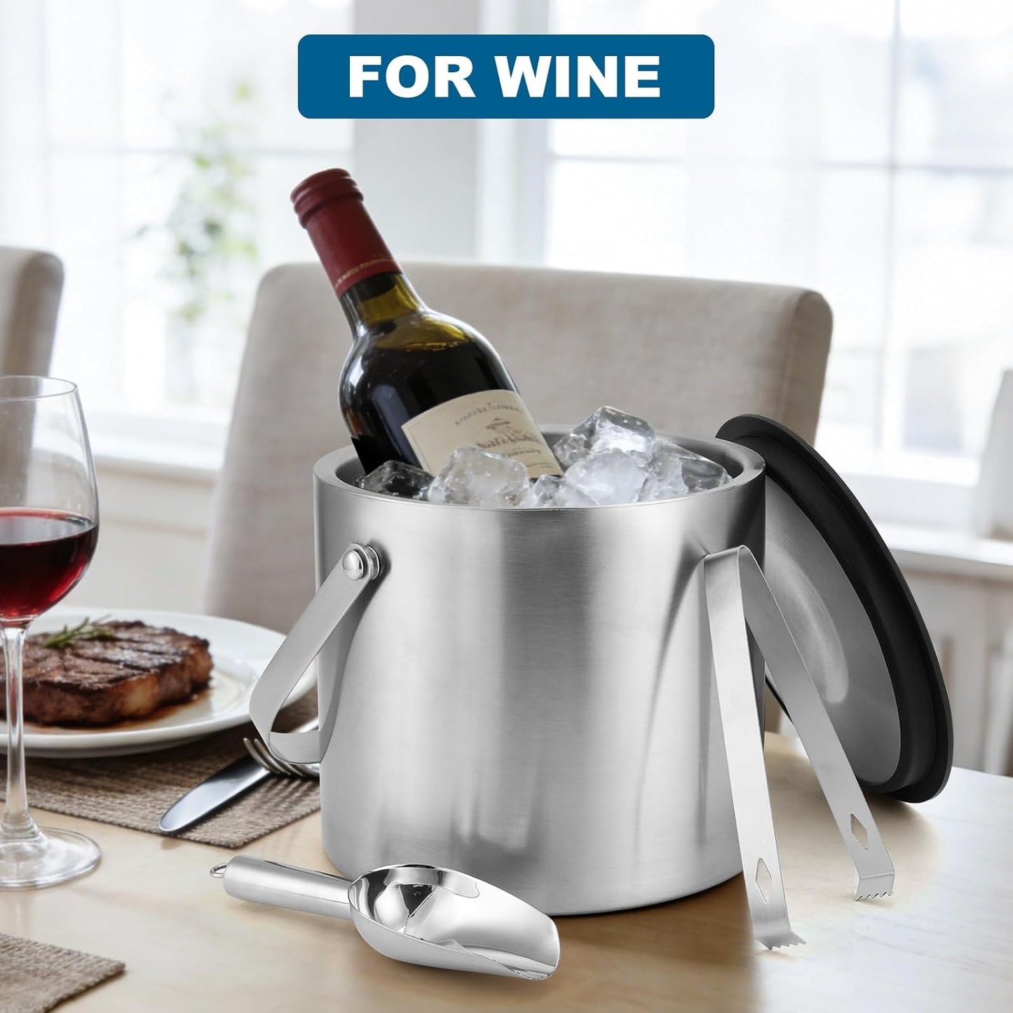Portable Ice Buckets for Parties,3 Liter Double Wall Ice Bucket with Lid,Scoop,Tongs,Handle,Stainless Steel Ice Container to Keep Ice Frozen Longer- Ideal for Cocktail Bar,Camping,Chilling Beer/Wine