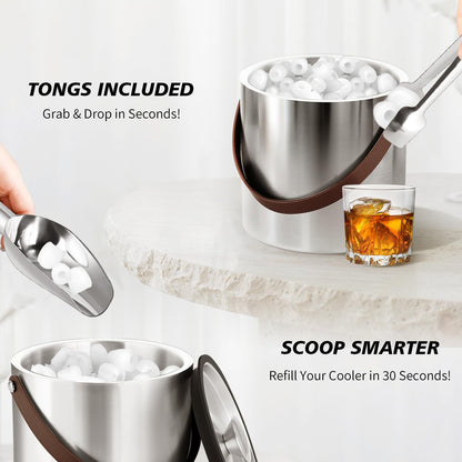 Bakpoco Double-Wall Vacuum Insulated Ice Bucket with Lid, Scoop, Ice Tong, Strainer & Leather Handle Keep Ice Frozen Longer Large Wine Ice Buckets for Cocktail Bar,Parties Chilling Beer Champagne 3L