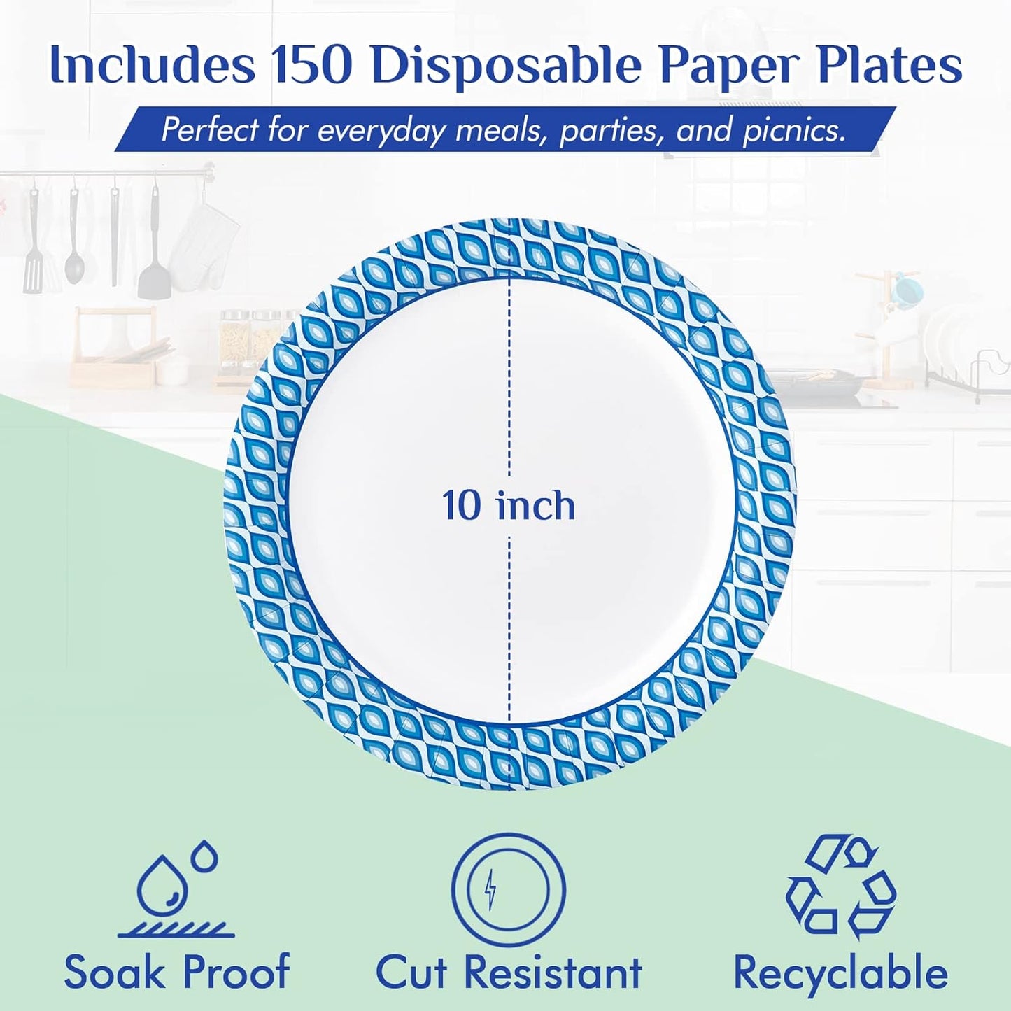 MUCHII 8.375 Inch Disposable Paper Plates, 300 Count Soak and Cut Proof Printed Paper Plates for Daily Use, Holiday for Family Gatherings, Parties, Picnic