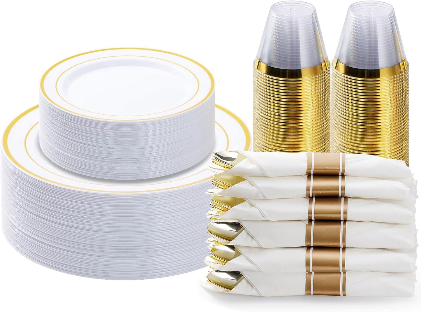 BESTVIP 350PCS Gold Plastic Dinnerware Set, Disposable Party Plates for 50 Guests, Include: 100 Plastic Plates, 50 Pre Rolled Napkins with Gold Silverware, 50 Cups
