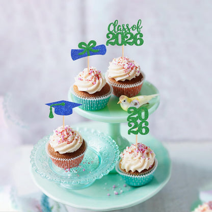 36 PCS 2026 Graduation Theme Cupcake Toppers Glitter Class of 2026 Grad Cap Diploma Cupcake Picks 2026 Graduation Theme Party Cake Decorations Supplies Deep Blue