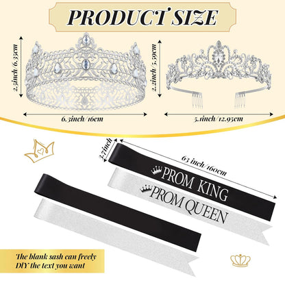 Lyrow 4 Pcs Prom King and Queen Crown Set, Prom King Crown with Sash for Graduation, Queen Tiara with Sash for Grad Couple Accessories Homecoming Birthday Party(Cute,Black,White)