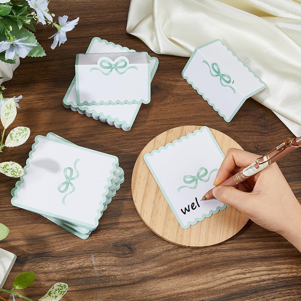 SUPERFINDINGS 200Pcs Blank Place Cards Blue Bow Place Cards 4.02x3.54 Inch/10.2x9cm Wedding Seating Card Buffet Food Labels Tent Fold Table Name Card for Wedding Party Table Setting