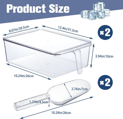 Havawish 4 Pcs Ice Storage Bin for Freezer with Lid and Flexible Scoop Set Plastic Ice Container with Lid Handle for Home Office Fridge Storage (12.4 x 8.07 x 3.94 Inches,Clear)