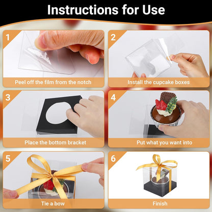 EUSOAR Individual Cupcake Holder, 50pcs 3.5 Inch Plastic Black Cupcake Containers with Lids, Single Transparent Display Clear Cupcake Carrier with Ribbon and Inserts for Wedding Party Favor
