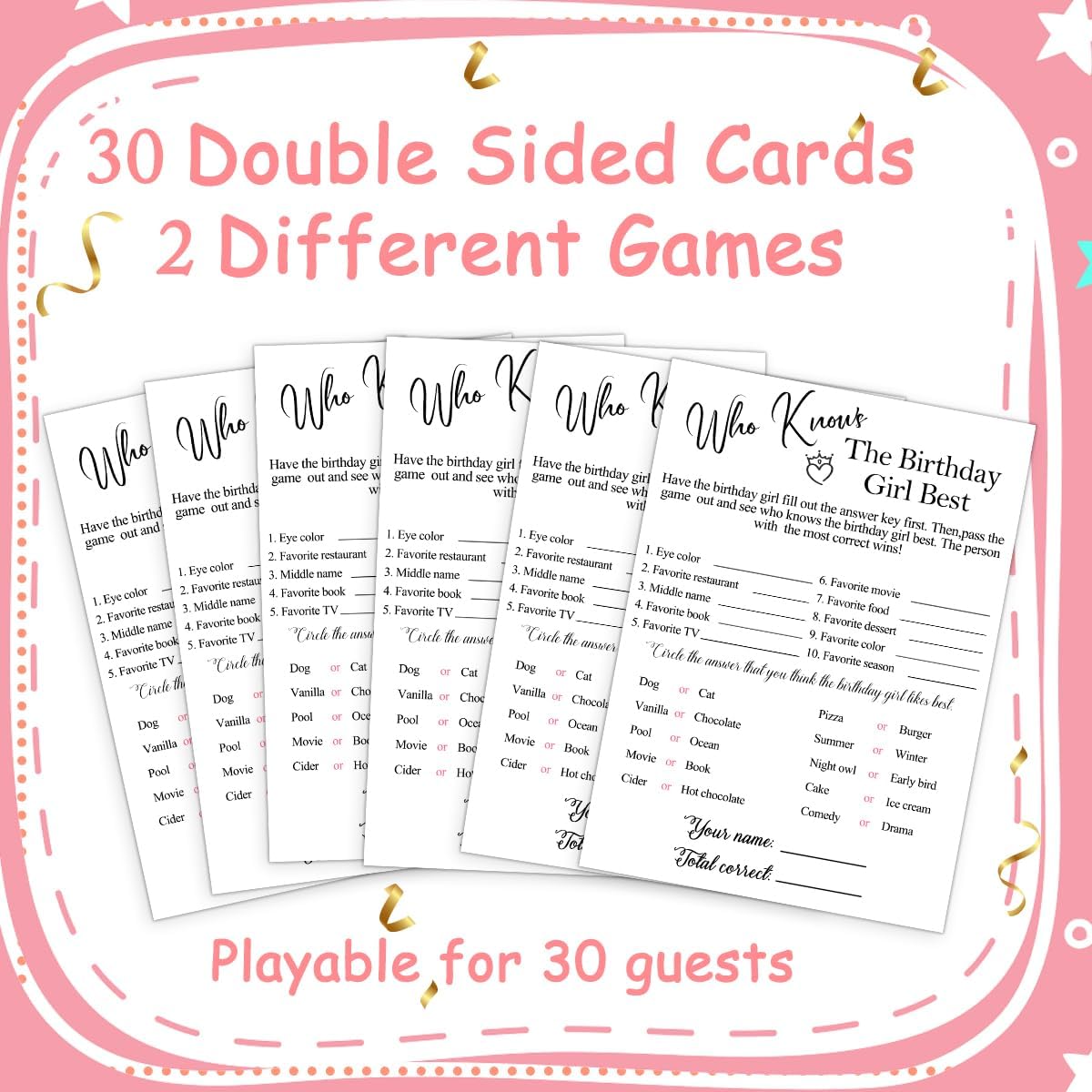 Birthday Party Cards for Girl, Birthday Games Card, Would She Rather Game Cards Set, Birthday Supplies Activity Decorations for Adult Girl, Set of 30 Game Cads