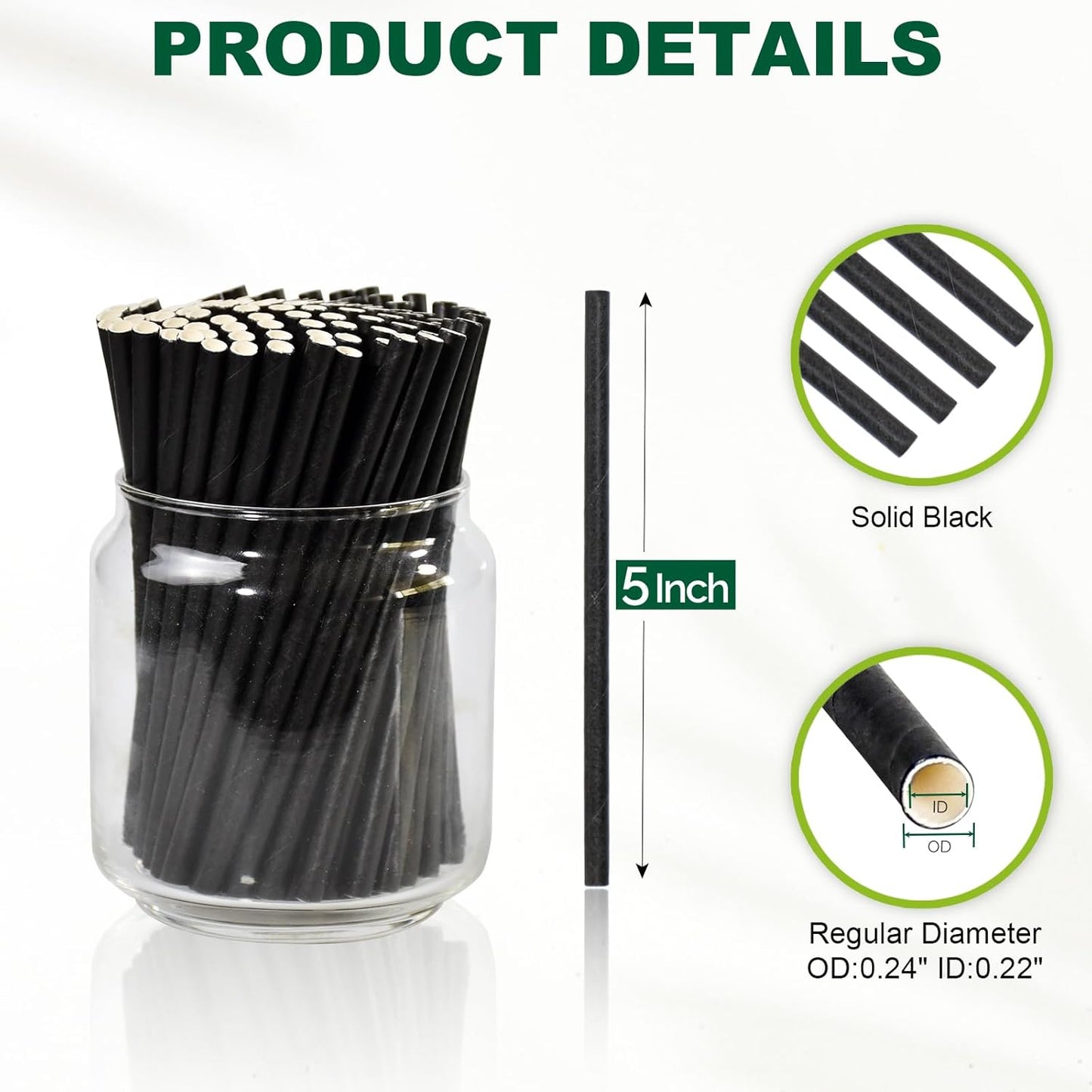 Black Paper Straws, Solid black/250 Bulk, Biodegradable Paper Drinking Straws for Cocktail, Drinks, Bars and Restaurant, 7.75"x0.24"