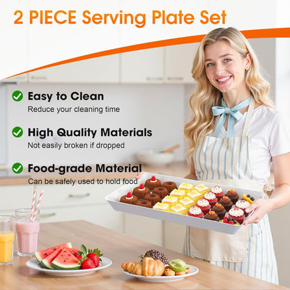 4-Pack Serving Tray, Serving Platter for Parties, Entertaining, Camping & Food Display, Reusable & Stackable Plastic Trays in Kitchen, Rectangular Food Platters for Cookie, Appetizer(White)
