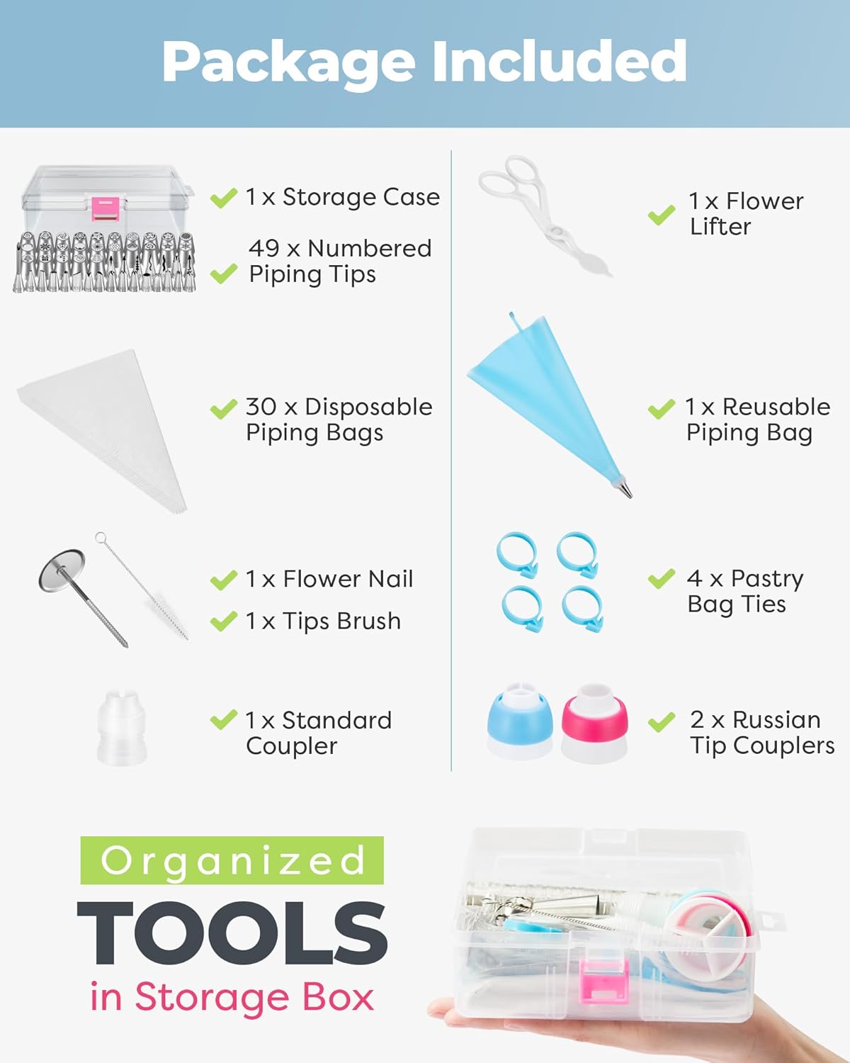Kootek 48Pcs Russian Piping Tips Set, Piping Bags and Tips Set with 12 Russian Tips, 2 Icing Tips, 30+1 Pastry Bags, 3 Couplers for Cake Decorating, Cupcake, Cookie, Baking