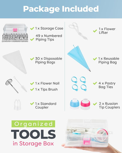Kootek 48Pcs Russian Piping Tips Set, Piping Bags and Tips Set with 12 Russian Tips, 2 Icing Tips, 30+1 Pastry Bags, 3 Couplers for Cake Decorating, Cupcake, Cookie, Baking