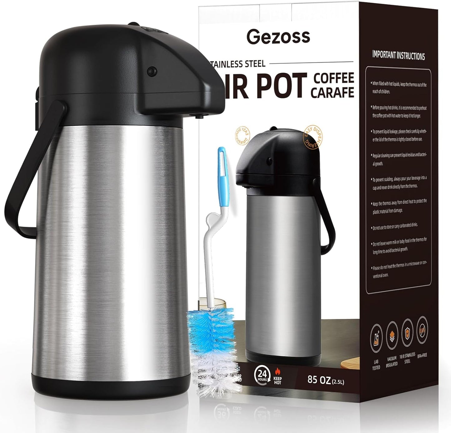 Coffee Carafe for Keeping Hot - Gezoss 102OZ / 3L Airpot Coffee Dispenser with Pump - Large Coffee Carafe for Hot Drinks Tea Liquid - Insulated Stainless Steel Hot Water Beverage Urn for Parties