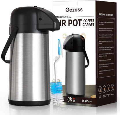 Coffee Carafe for Keeping Hot - Gezoss 102OZ / 3L Airpot Coffee Dispenser with Pump - Large Coffee Carafe for Hot Drinks Tea Liquid - Insulated Stainless Steel Hot Water Beverage Urn for Parties