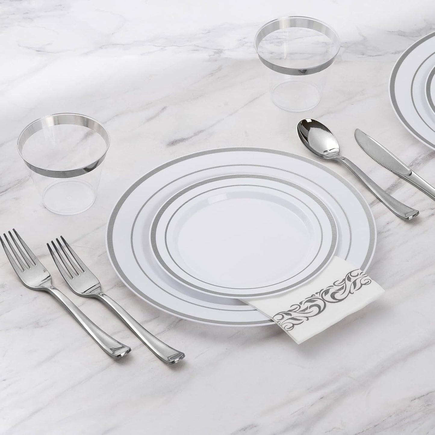 Goodluck 350 Pieces Gold Dinnerware Set for 50 Guests, Plastic Plates Disposable for Party, Include: 50 Gold Rim Dinner Plates, 50 Dessert Plates, 50 Paper Napkins, 50 Cups, 50 Gold Silverware Set