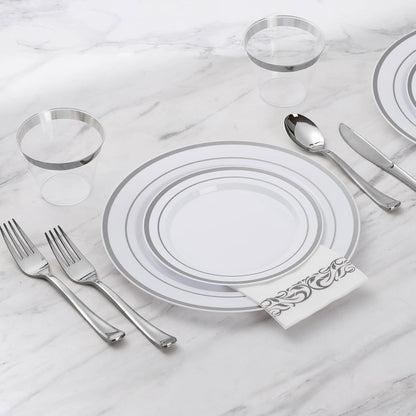 Goodluck 350 Pieces Gold Dinnerware Set for 50 Guests, Plastic Plates Disposable for Party, Include: 50 Gold Rim Dinner Plates, 50 Dessert Plates, 50 Paper Napkins, 50 Cups, 50 Gold Silverware Set