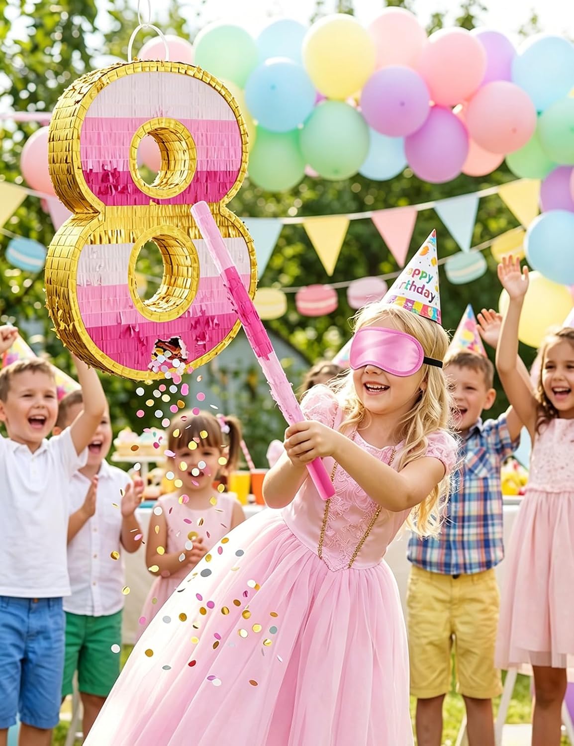 Number 5 Piñata with Stick, Blindfold & Confetti-Pink Piñata for Birthday Parties, Complete Party Game Set for Kids Girls-Gradient Pink Birthday Decor with Fillable Design(Small, 16.5 x 11.5 x 3 In)