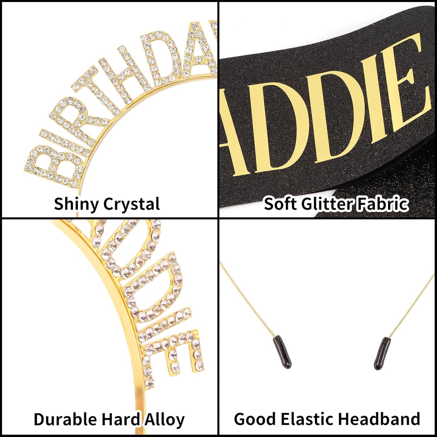 Aprince Birthday Baddie Sash and Tiara Crown for Women Girls Black Gold Happy Birthday Headband Accessiores Party Decorations