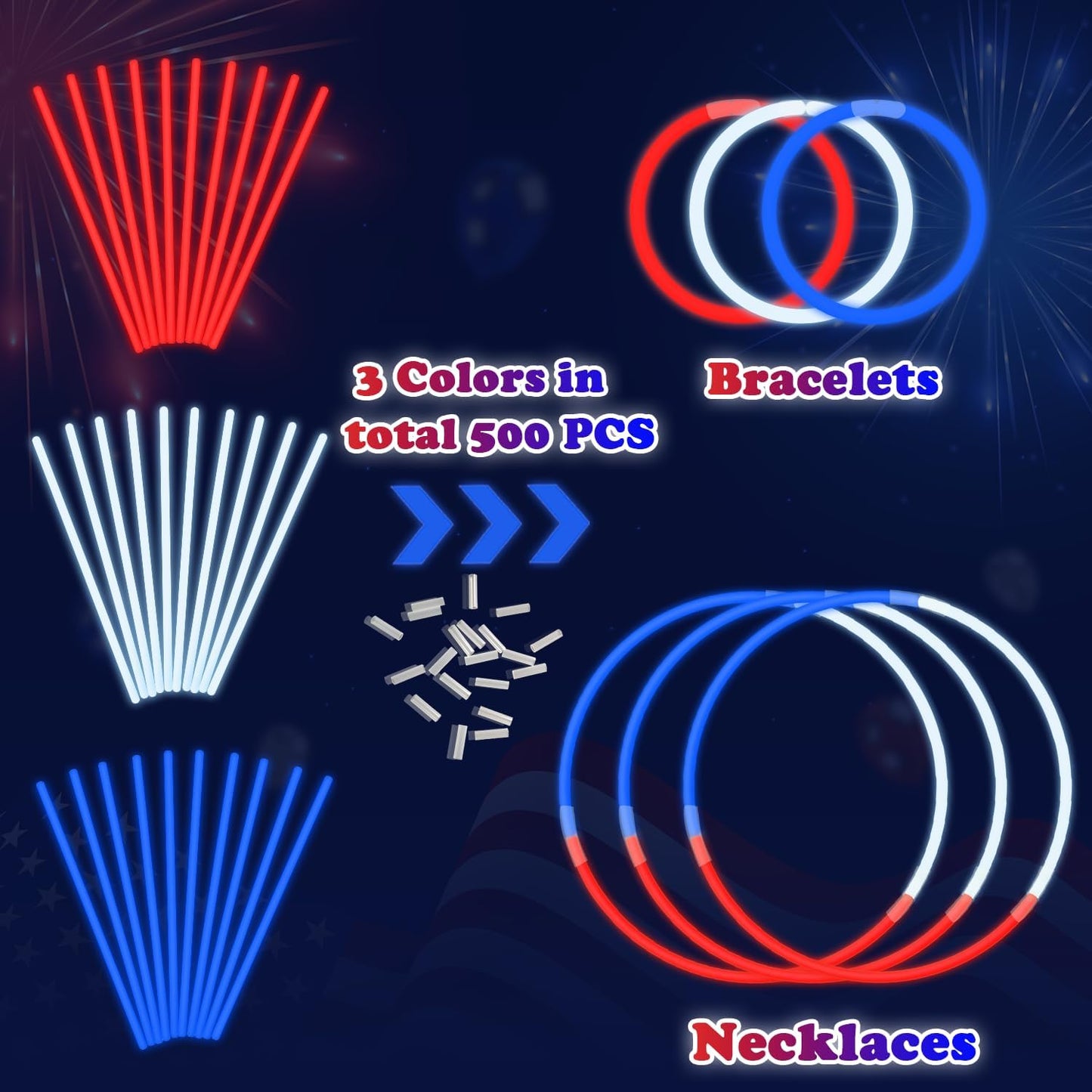 Bulk Patriotic Red White Blue glow sticks 300 PCS,Light up Bracelets Necklaces Accessories for Kids,Glow Party Favors Supplies Decorations for Independence Day, Fourth 4 of July Parade, Birthday, Pool