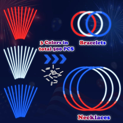 Bulk Patriotic Red White Blue glow sticks 300 PCS,Light up Bracelets Necklaces Accessories for Kids,Glow Party Favors Supplies Decorations for Independence Day, Fourth 4 of July Parade, Birthday, Pool