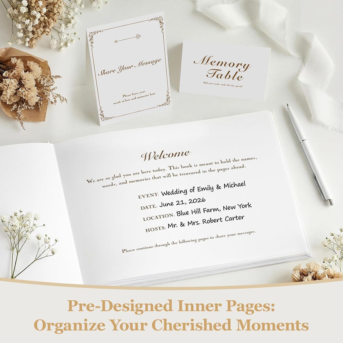 Guest Book for All Occasions – White Hardcover with Gold Foil, 120 Acid-Free Blank Pages, Includes Table Sign & Welcome Card | 8.66x6.69 Sign-in Book for Wedding, Party & Memorial