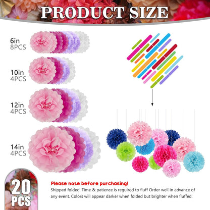 Tissue Paper Pom Poms, Pink Tissue Paper Flowers, Hanging Flower Balls for Weddings Fiesta Parties Birthday Baby Showers Classroom Bridal Shower Decoration (18Piece Set-6/10/12/14Inch)