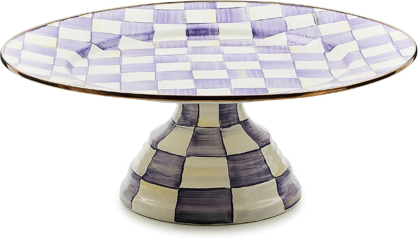 MACKENZIE-CHILDS Enamel Pedestal Platter, Round Cake Stand, Large, Black-and-White Courtly Check