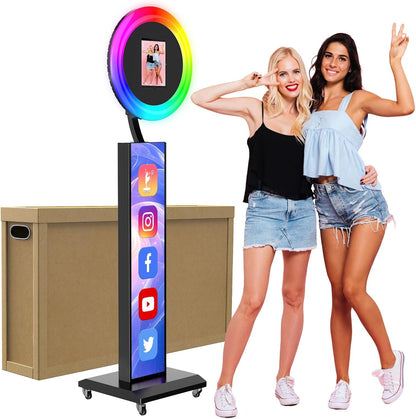 JIYANG Portable Photo Booth Compatible with Any Ipad,Photo Booth Stand Shell with ChackTok PhotoBooth VIP Member and Flight Case,Free Custom Logo,Perfect for Parties,Wedding and Events(White)