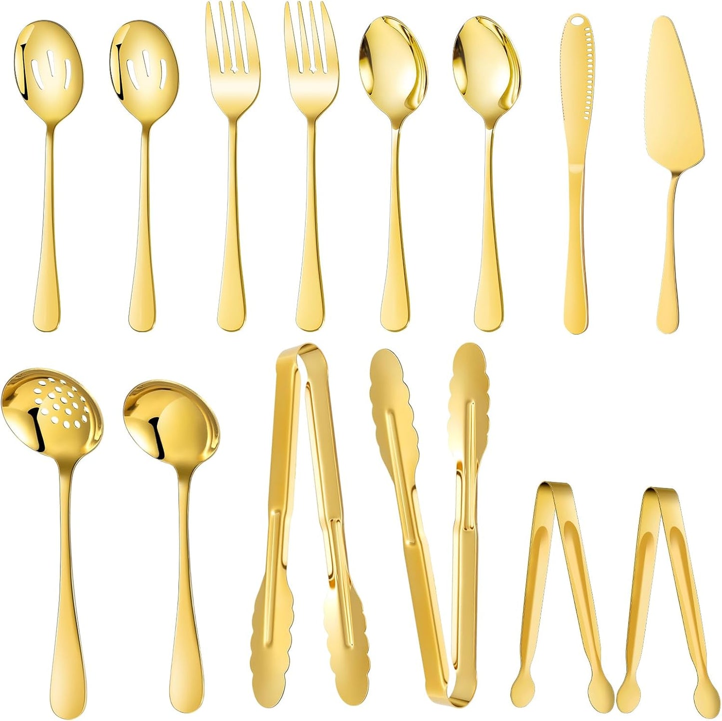 Mwellewm 17Pcs Serving Utensils, Gold Stainless Steel Serving Spoons, Slotted Spoon, Fork, Tongs, Cake Pie Server, Soup Spoon, Metal Buffet Banquet Cutlery Set for Parties Entertaining Catering