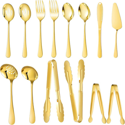 Mwellewm 17Pcs Serving Utensils, Gold Stainless Steel Serving Spoons, Slotted Spoon, Fork, Tongs, Cake Pie Server, Soup Spoon, Metal Buffet Banquet Cutlery Set for Parties Entertaining Catering
