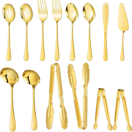 Mwellewm 17Pcs Serving Utensils, Gold Stainless Steel Serving Spoons, Slotted Spoon, Fork, Tongs, Cake Pie Server, Soup Spoon, Metal Buffet Banquet Cutlery Set for Parties Entertaining Catering