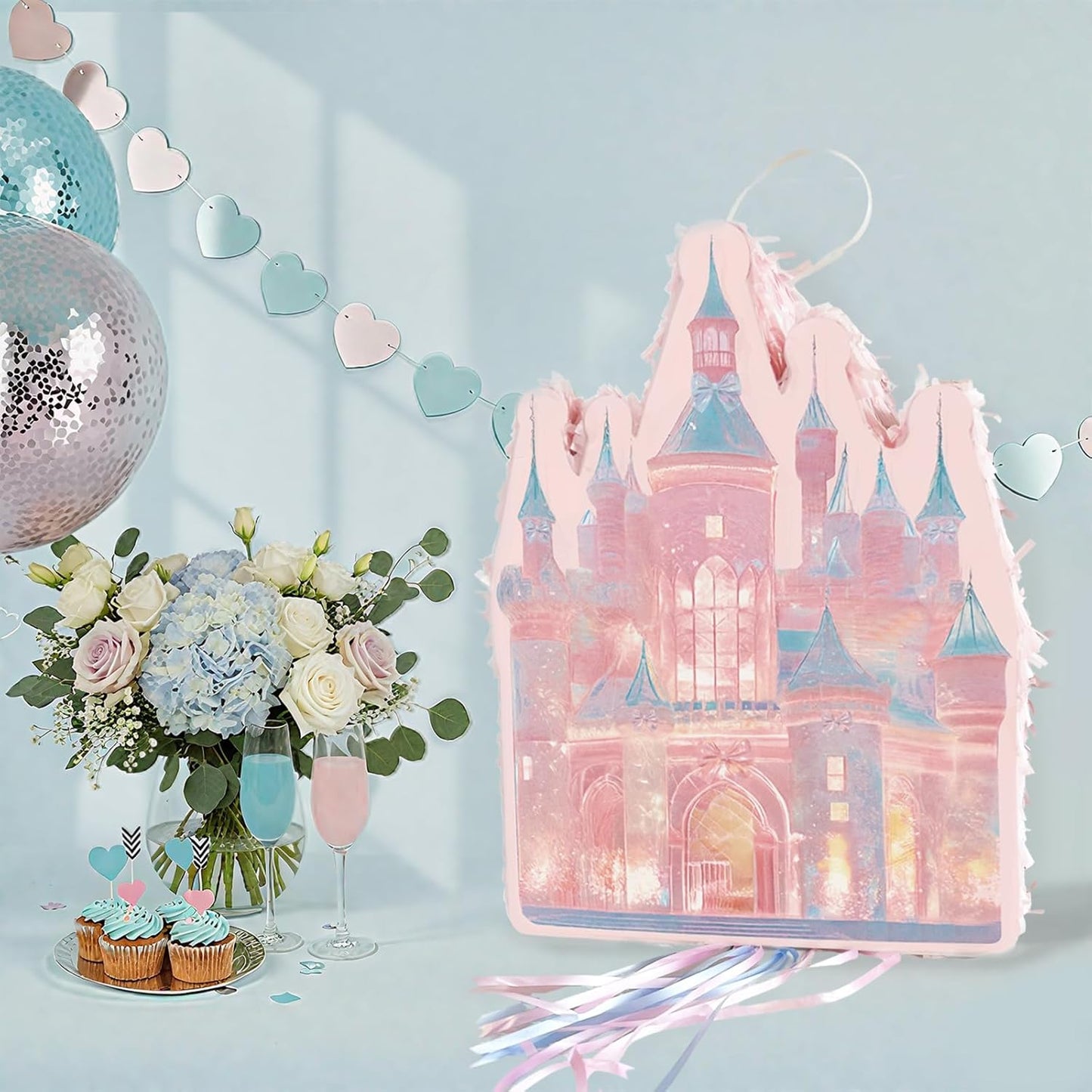 Princess Castle Pinata Set - Coquette Pink Castle Pull String Piñata with Blindfold and Stick for Girls Princess Themed Birthday Party Decorations, Winter Fairy Piñata (16.5 x12.4'')