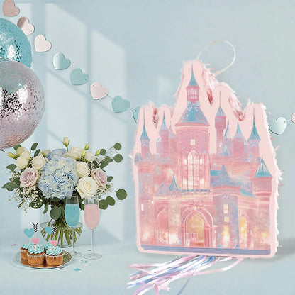 Princess Castle Pinata Set - Coquette Pink Castle Pull String Piñata with Blindfold and Stick for Girls Princess Themed Birthday Party Decorations, Winter Fairy Piñata (16.5 x12.4'')