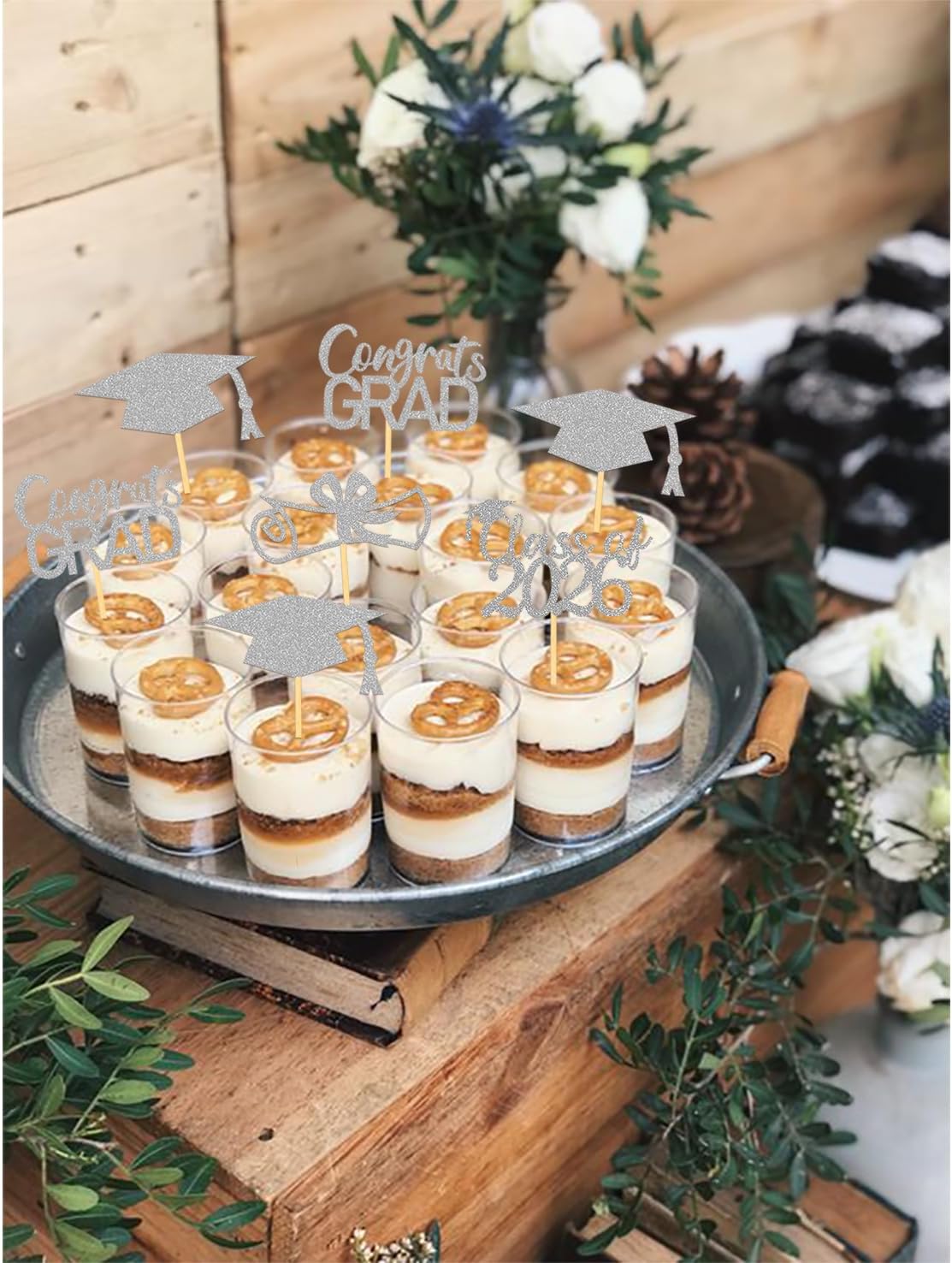 2026 Graduation Theme Cupcake Toppers Glitter Class of 2026 Graduation Cap Diploma Cupcake Picks - Set of 24 (Gold)