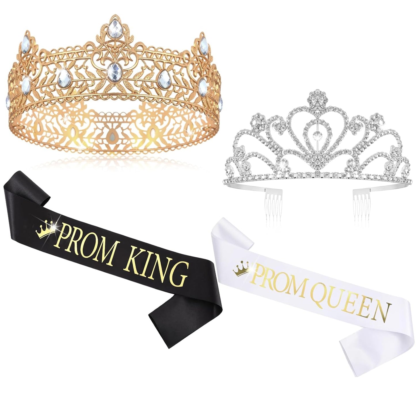 Lyrow 4 Pcs Prom King and Queen Crown Set, Prom King Crown with Sash for Graduation, Queen Tiara with Sash for Grad Couple Accessories Homecoming Birthday Party(Cute,Black,White)