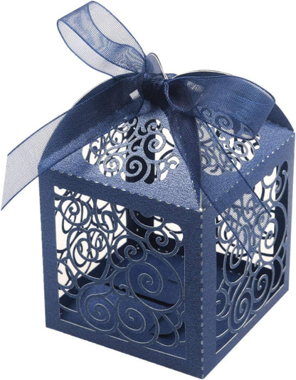KPOSIYA 100 Pack Wedding Favor Boxes Laser Cut Boxes Party Favor Box Small Gift Boxes Lace Candy Boxes for Wedding Bridal Shower Baby Shower Birthday Party Anniverary with Ribbons (Pink, 100)